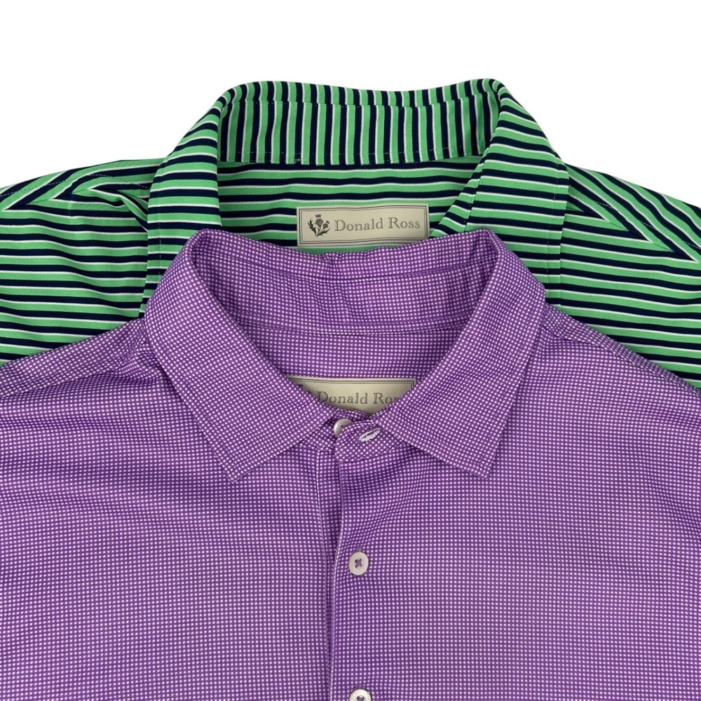 Donald Ross Mens Golf Polo Shirt Bundle Large Green Stripe Purple Micro Check